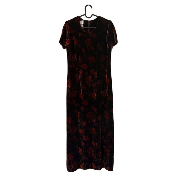 VTG Laura Ashley Brown Orange Floral Velvet Silk Blend Short Sleeve Maxi Dress 6 - Picture 1 of 6